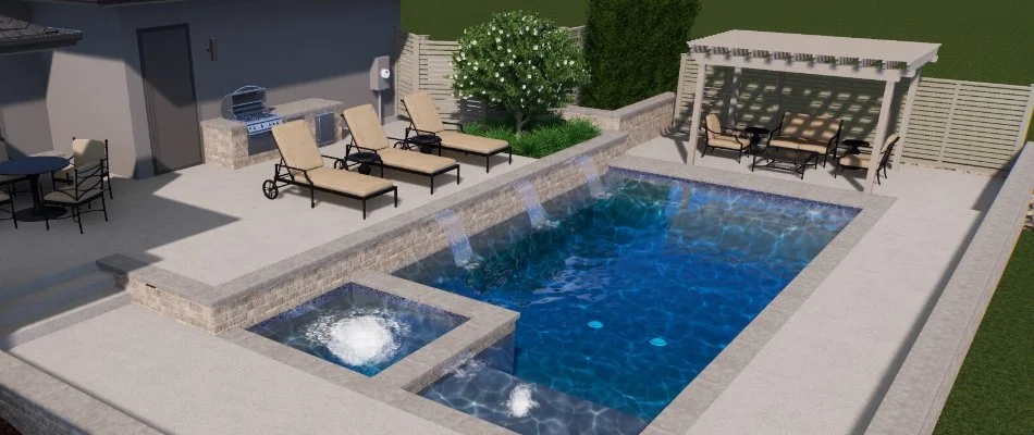 3D design rendering for outdoor space in Overland Park, KS, with pergola by a pool with spa.