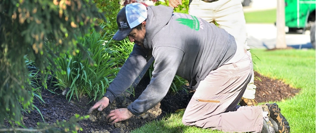 Mulch being installed on a property by professionals.