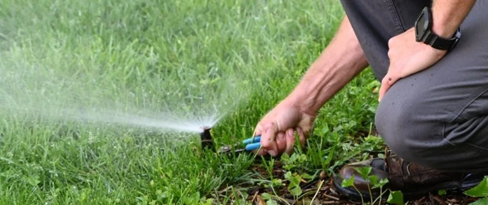 Tech adjusting a sprinkler head on a lawn in Raymore, MO.